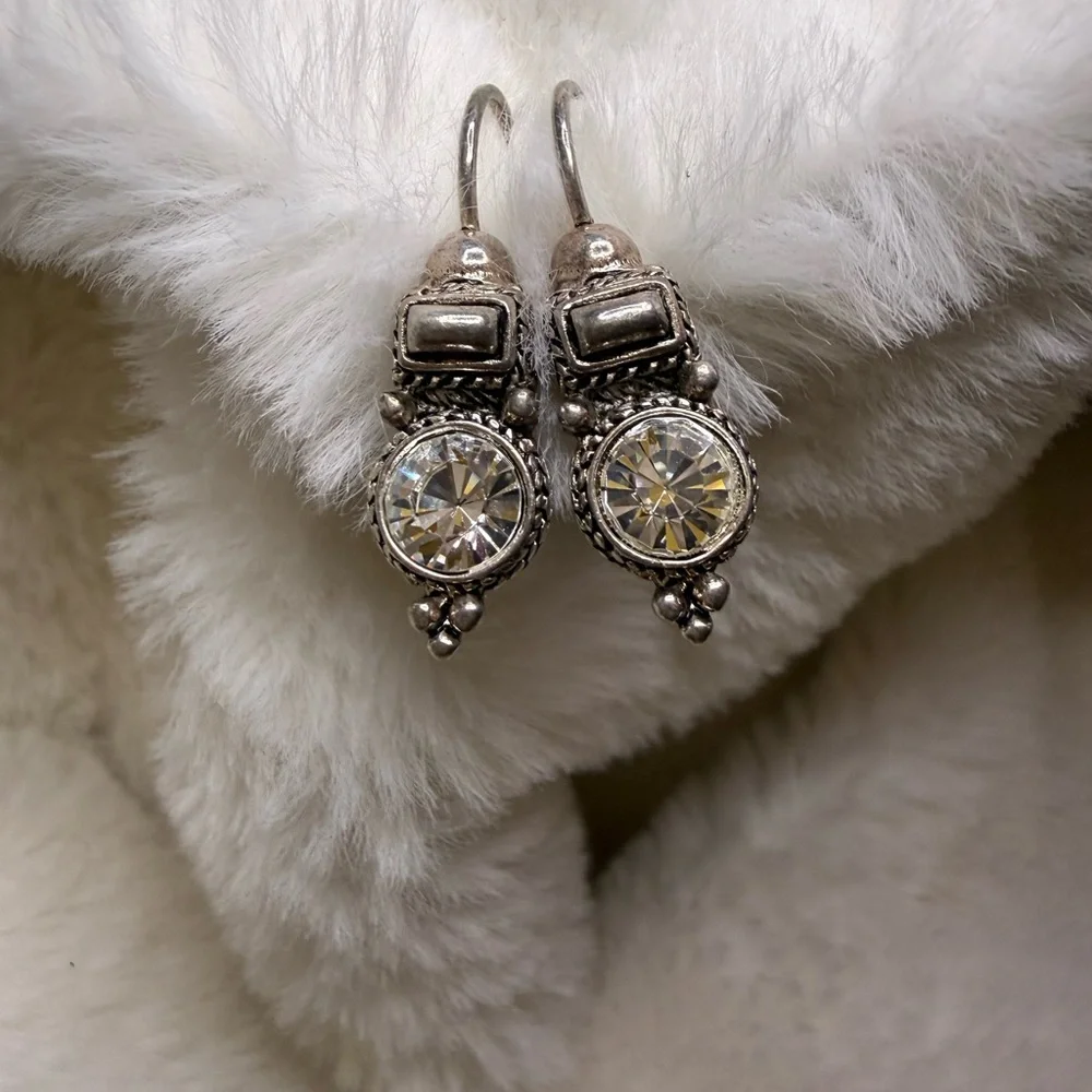 Unique Vintage Silver Crystal or CZ Drop Earrings - Picture 1 of 10